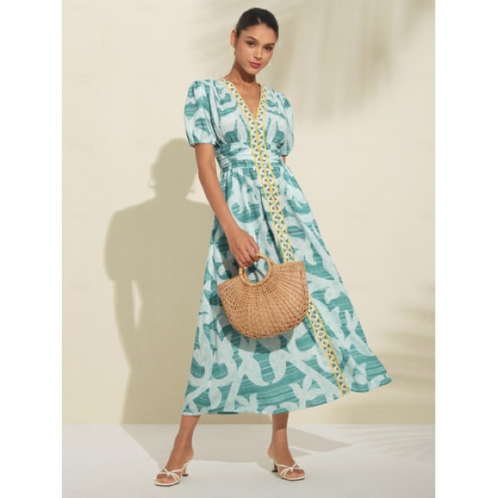 Boho Puff Sleeve V Neck Midi Dress M